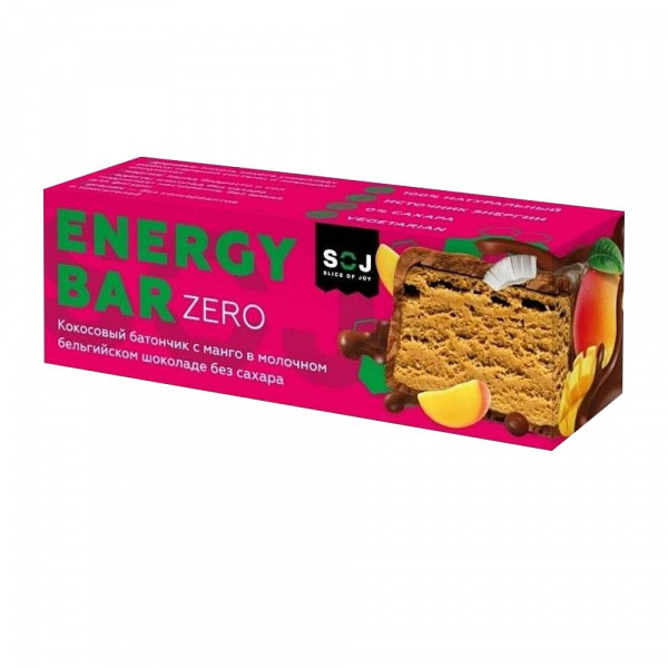 Батончик кокосовый Energy Bar ZERO со вкусом манго в молочном бельгийском шоколаде без сахара 45г
