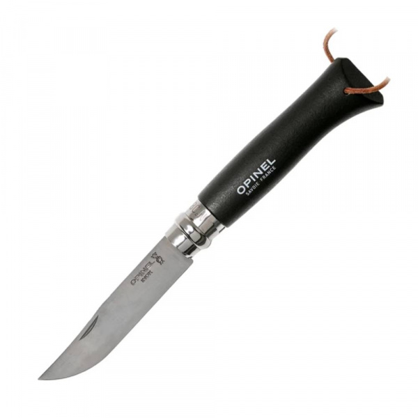 Нож Opinel №8 Trekking, нержавеющая сталь, кожаный темляк, черный