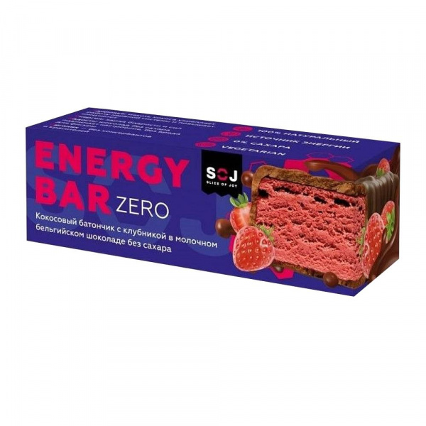 Батончик кокосовый Energy Bar ZERO со вкусом клубники в молочном бельгийском шоколаде без сахара 45г