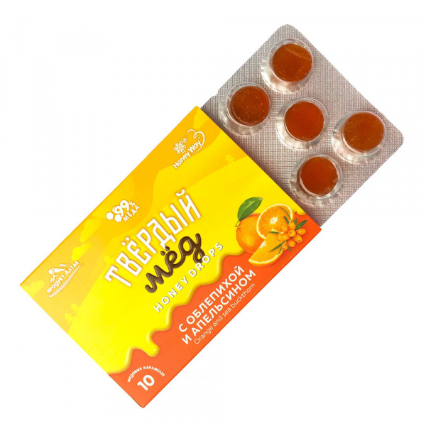 Карамель медовая твердый мёд, с облепихой и апельсином / 30г (Honey Way)