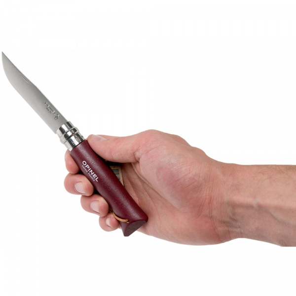 Нож Opinel №8 Trekking, нержавеющая сталь, кожаный темляк, бордовый