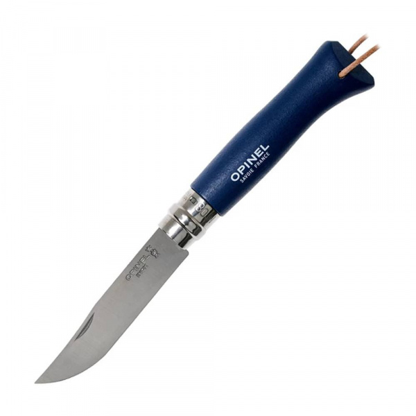 Нож Opinel №8 Trekking, нержавеющая сталь, кожаный темляк, синий