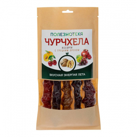 Чурчхела ассорти с грец. орехом (абрикос, вишня, гранат, св. и тёмн. виноград), 5 шт.  (Полезнотека)