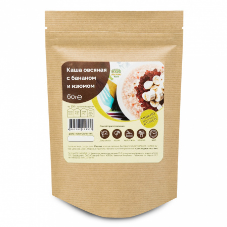 Organic Food Каша овсяная с бананом и изюмом, 60 гр Organic Food Каша овсяная с бананом и изюмом, 60 гр